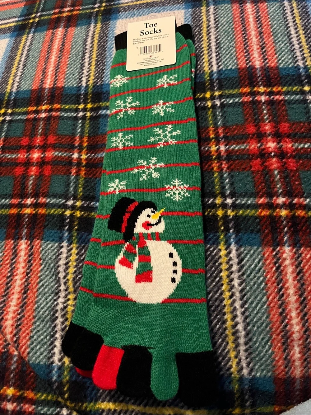 Green Snowman Toe Socks with Red Accents